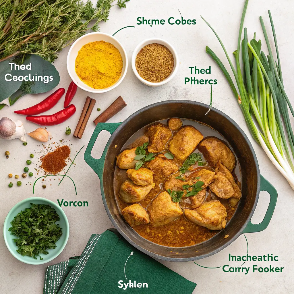 Pro tips for making Authentic Jamaican Curry Chicken displayed with ingredients and cooking tools.