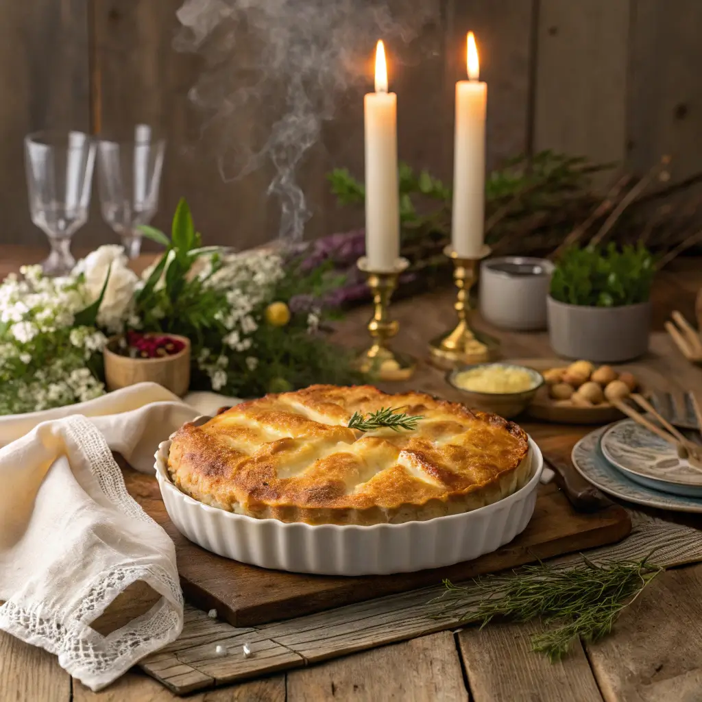 Freshly baked Passover potato pie served on a rustic table.