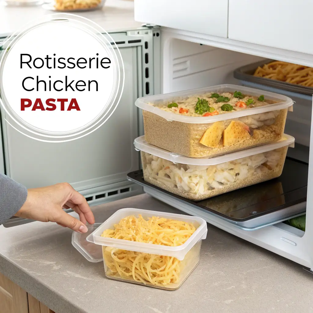 Containers of Rotisserie Chicken Pasta stored in a refrigerator and a microwave for reheating.