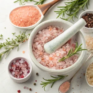 Pro tips for making a pink salt recipe, featuring a mortar and pestle and fresh herbs.