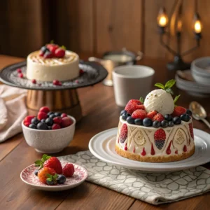 A beautifully plated cake served with ice cream and fresh berries.