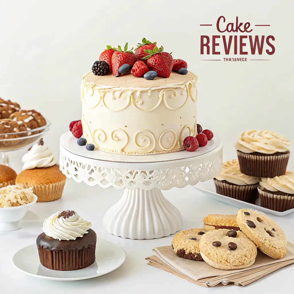 A beautifully decorated cake surrounded by various desserts.