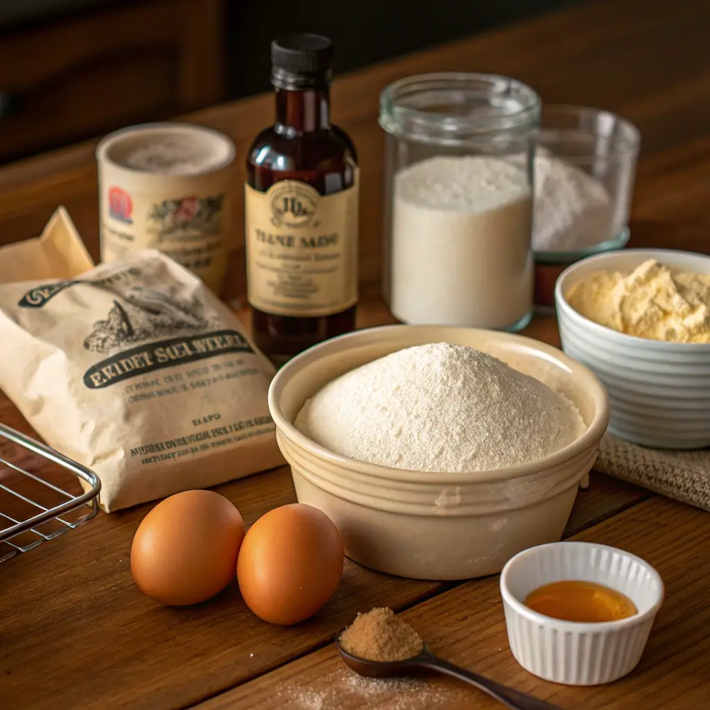 Ingredients for baking a cake displayed on a wooden table.