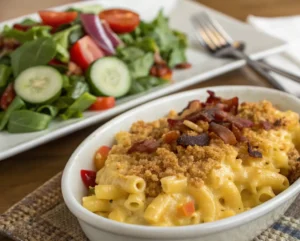 Plated smoked mac and cheese served with a fresh garden salad.
