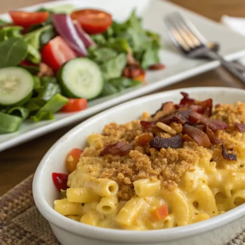 Plated smoked mac and cheese served with a fresh garden salad.