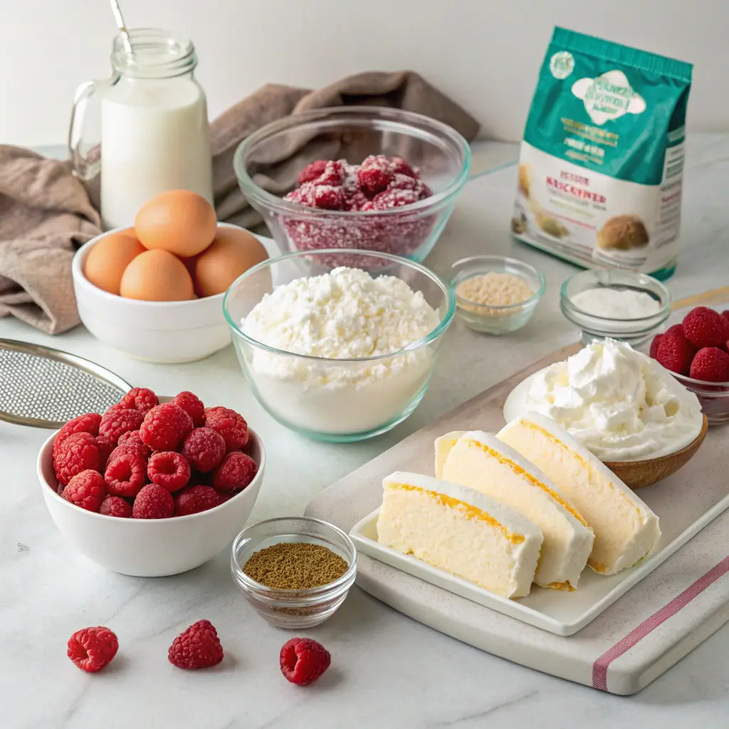 Ingredients for Publix Cake Raspberry Elegance including flour, sugar, and fresh raspberries.