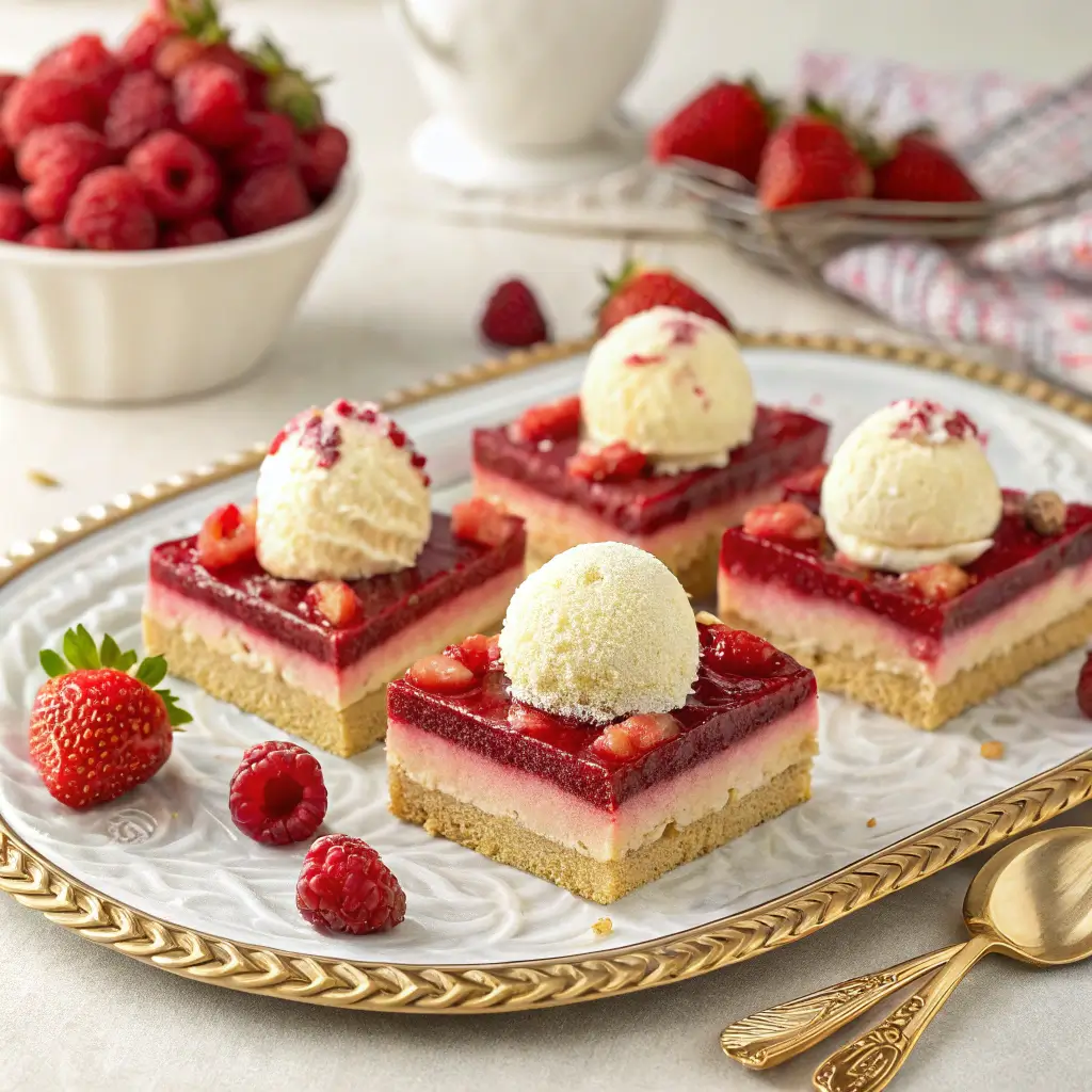 Serving suggestions for Publix Cake Raspberry Elegance with ice cream and berries.