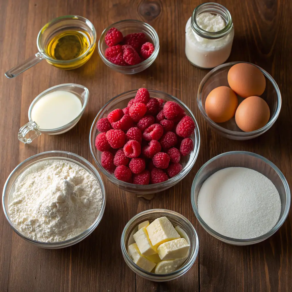 Ingredients for Raspberry Elegance Cake including flour, sugar, eggs, and fresh raspberries on a wooden table.