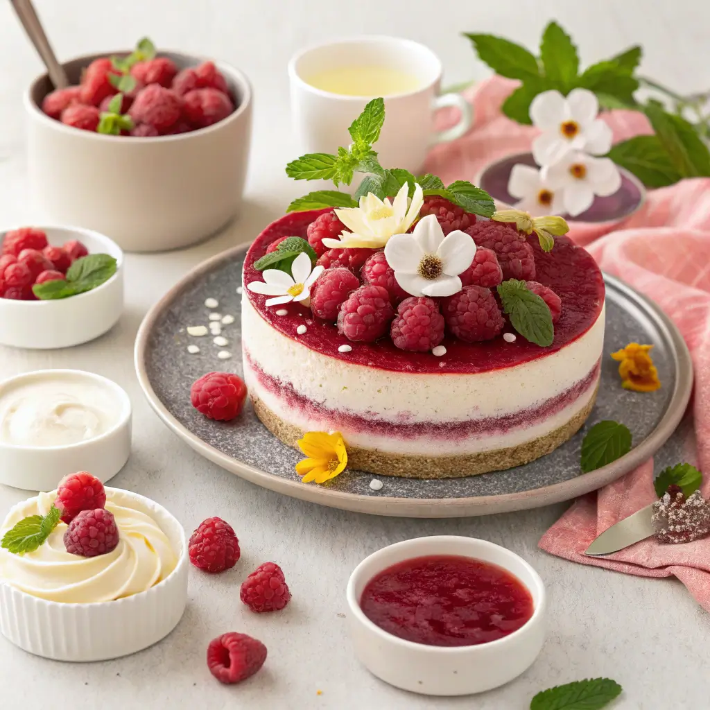 Creative serving suggestions for Raspberry Elegance Cake with garnishes and sides.