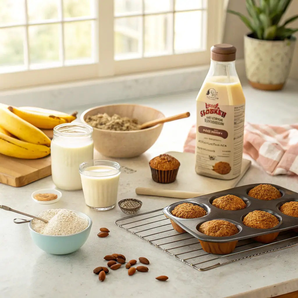 Ingredients and steps for making Viral Protein Muffins Kodiak displayed in a bright kitchen.