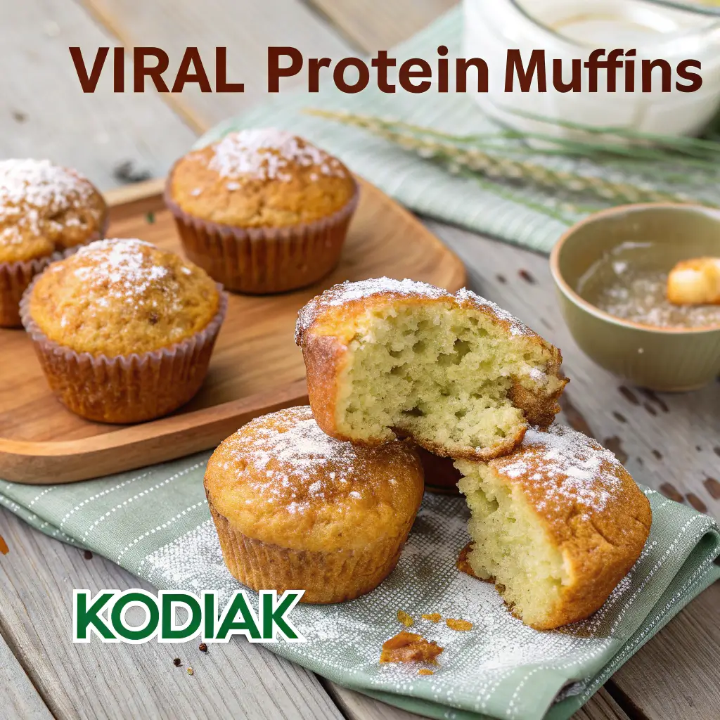 Freshly baked Viral Protein Muffins Kodiak on a wooden table.