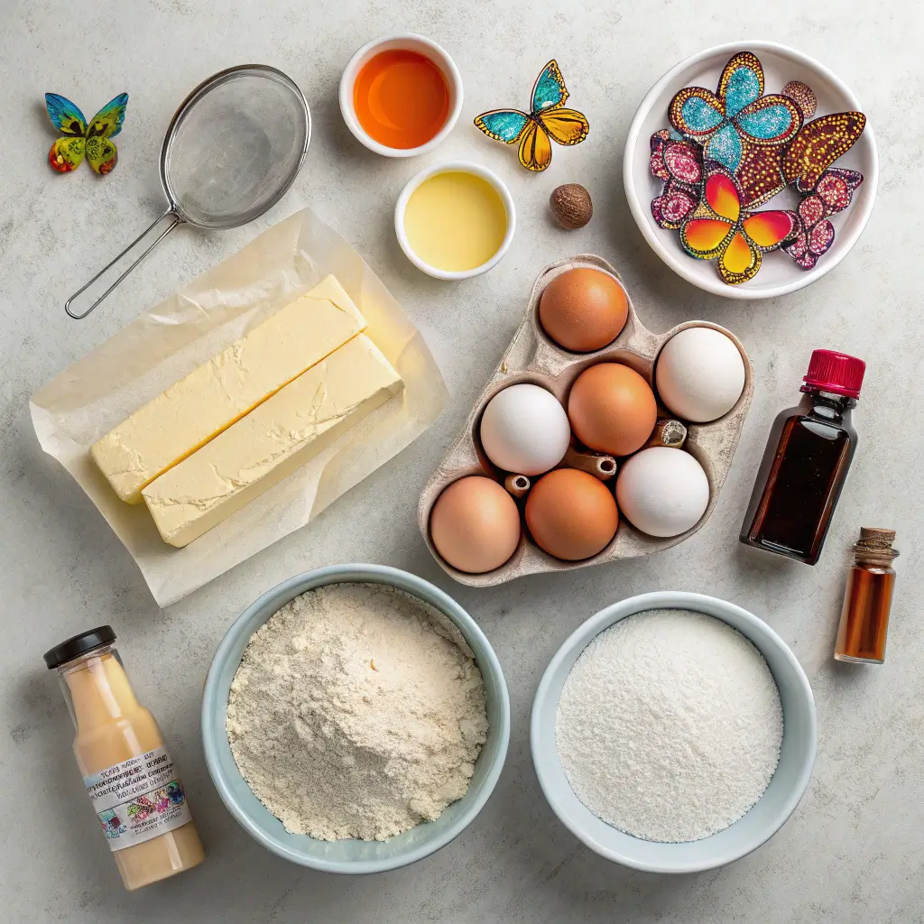 Ingredients for Butterflu Cake including flour, sugar, butter, eggs, and more.