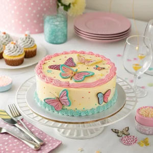 A beautifully decorated Butterflu Cake on a table, ready to be served.