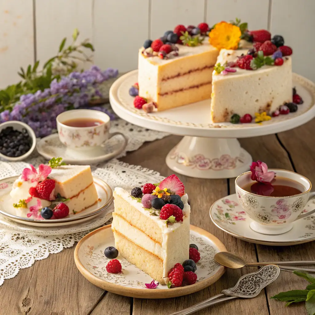 Serving suggestions for Butterflu Cake with garnishes and sides.