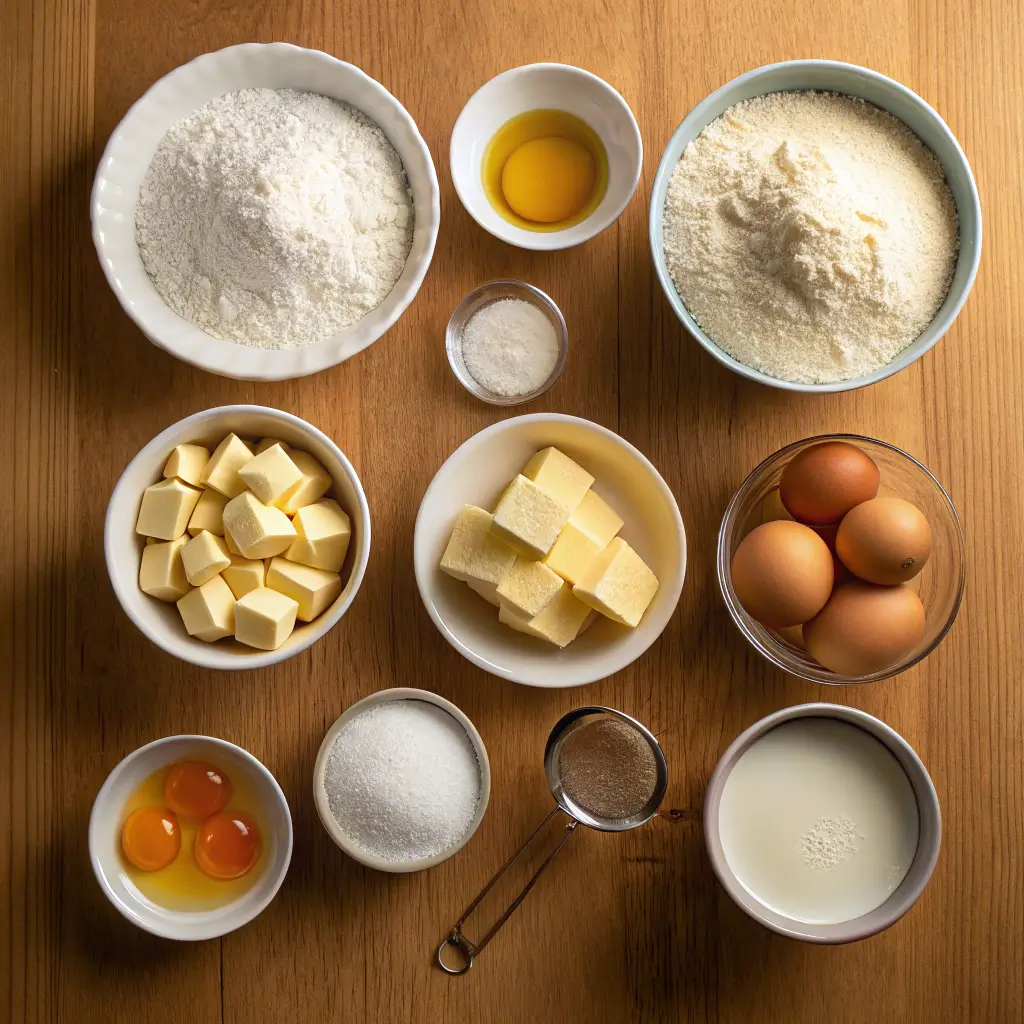 Ingredients for happy cakes including flour, sugar, eggs, and more, beautifully arranged on a wooden table.