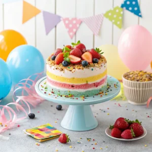 A beautifully decorated happy cake with colorful sprinkles and fruits, set on a festive table.