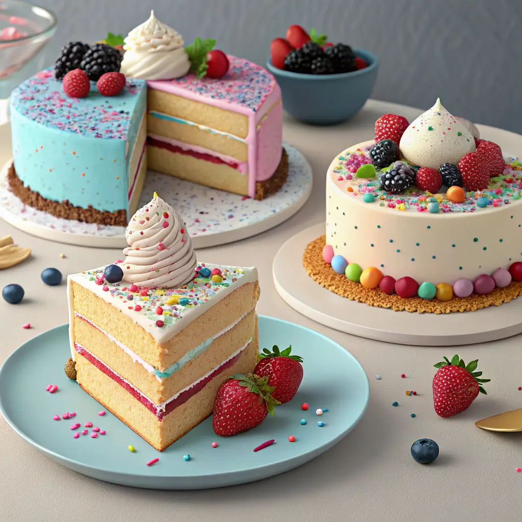 Different serving ideas for happy cakes, including ice cream and fresh berries.