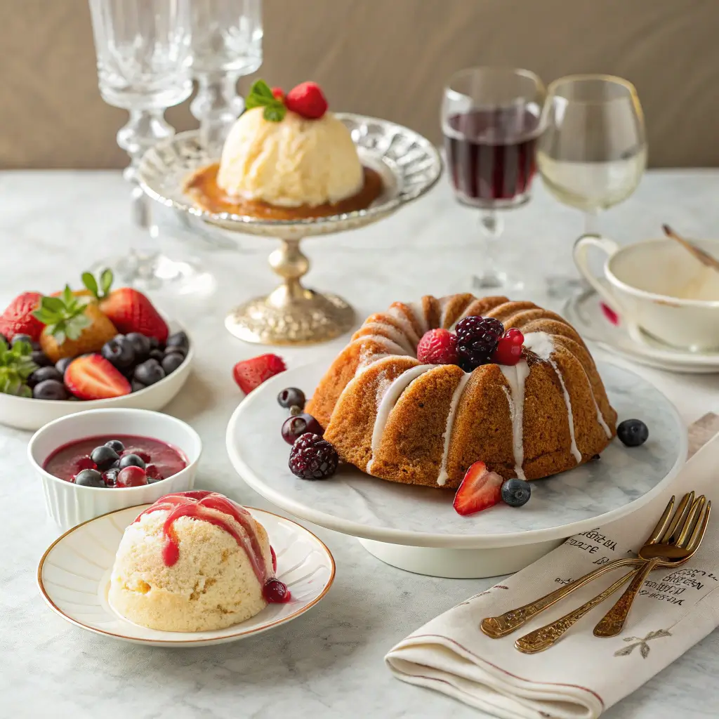 A bundt cake served with ice cream, fresh berries, and chocolate sauce on a beautifully arranged table.