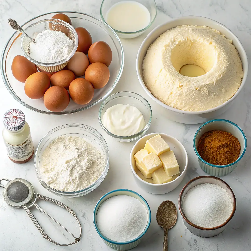 Ingredients for a bundt cake including flour, sugar, eggs, and walnuts displayed on a kitchen counter.