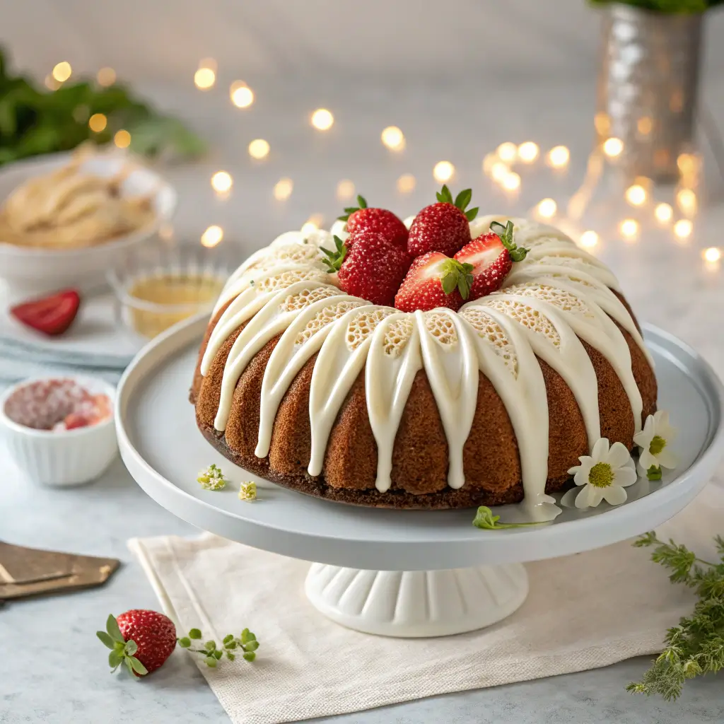 A beautifully decorated bundt cake from Nothing Bundt Cakes Walnut Creek, featuring rich frosting and garnishes.
