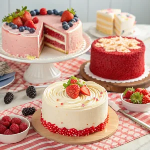 A variety of beautifully decorated American cakes displayed on a table, highlighting different flavors and styles.