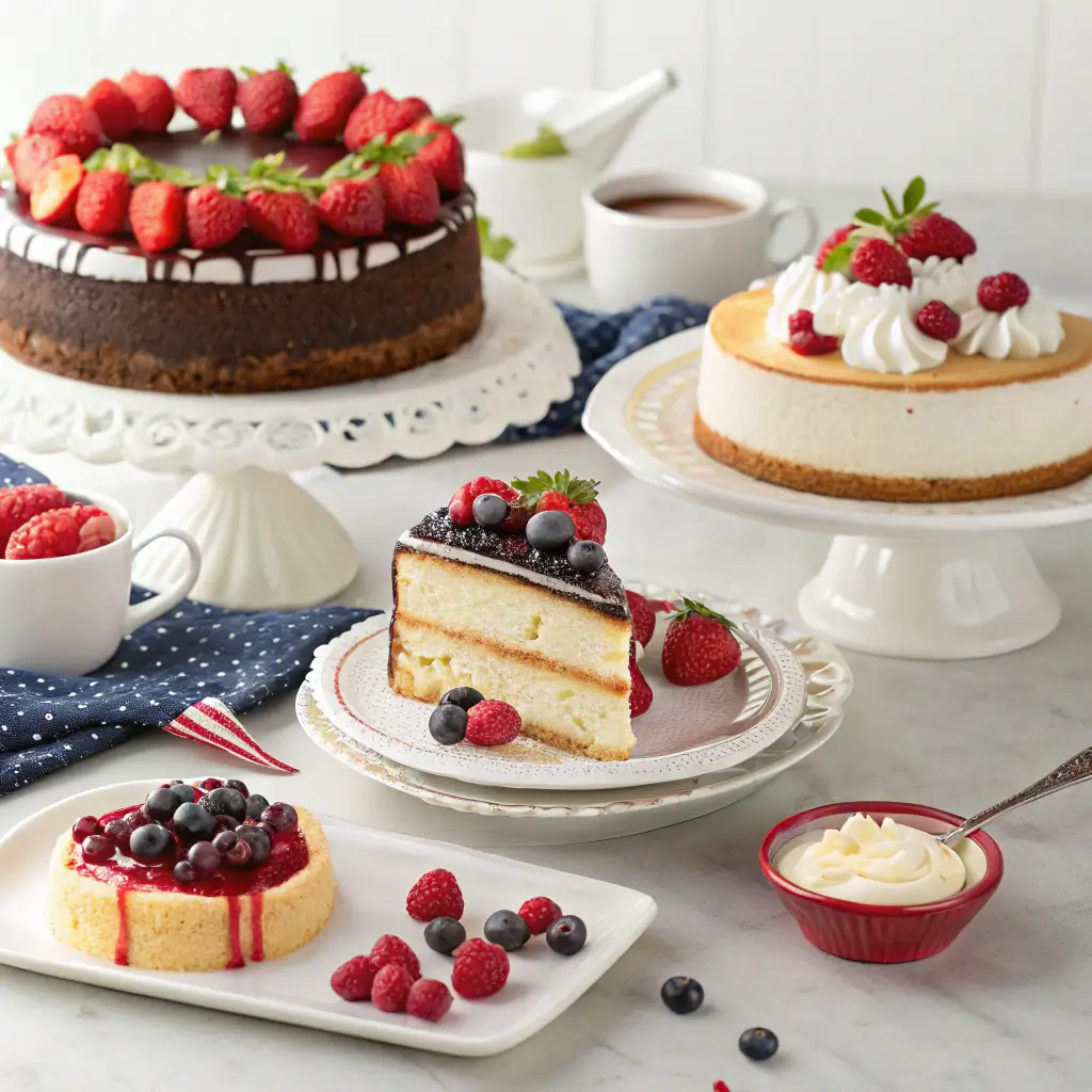 Different serving suggestions for American cakes, including whipped cream, berries, and ice cream.