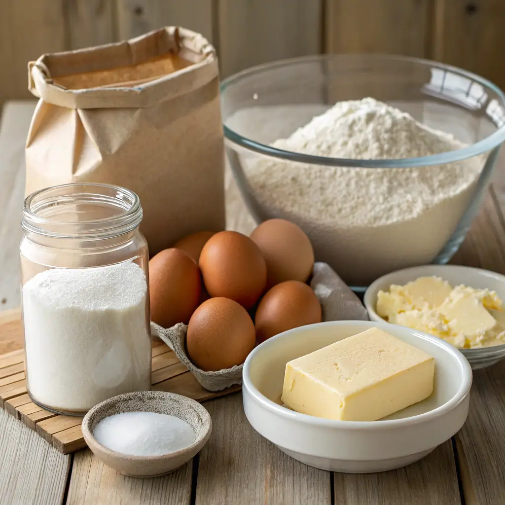 Ingredients for making a cake, including flour, sugar, eggs, and butter, displayed in an organized manner.