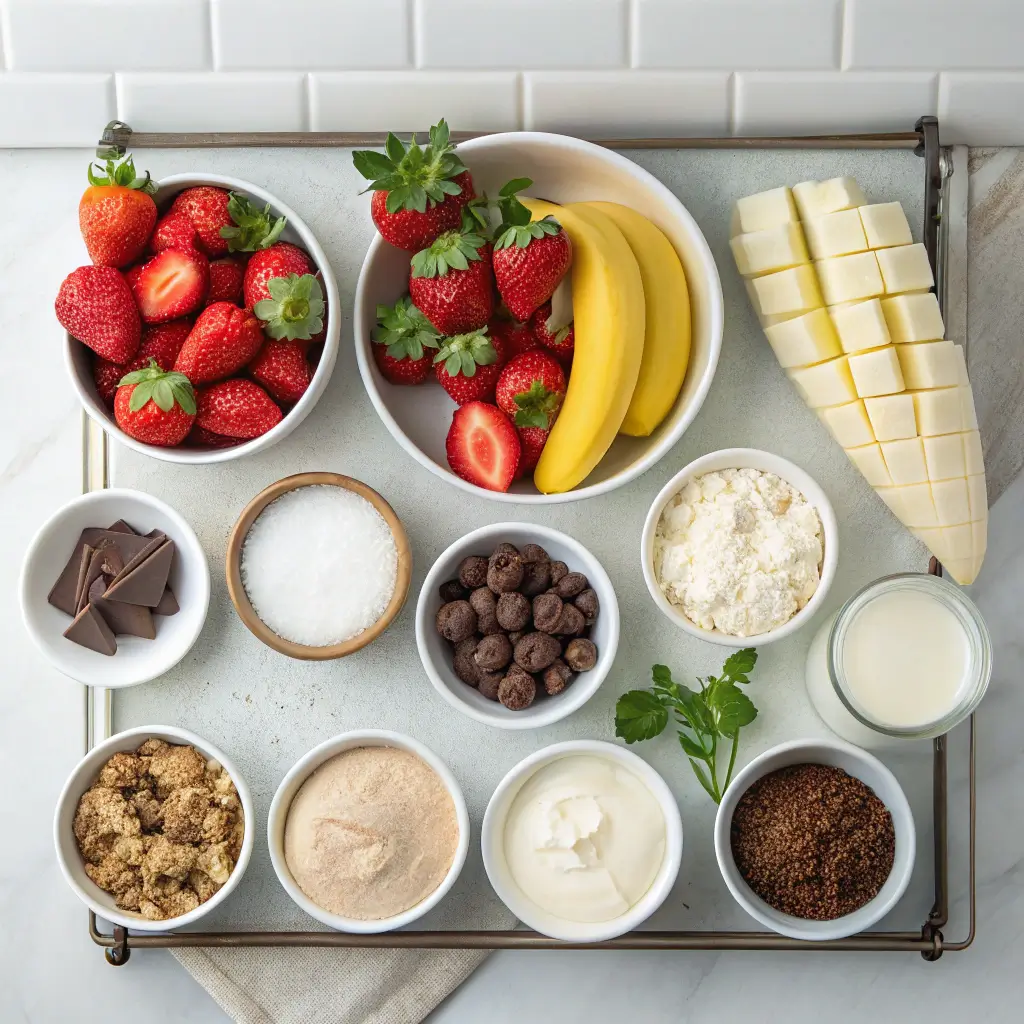 Ingredients for Ninja Creami recipes including heavy cream, fresh fruits, and sweeteners.
