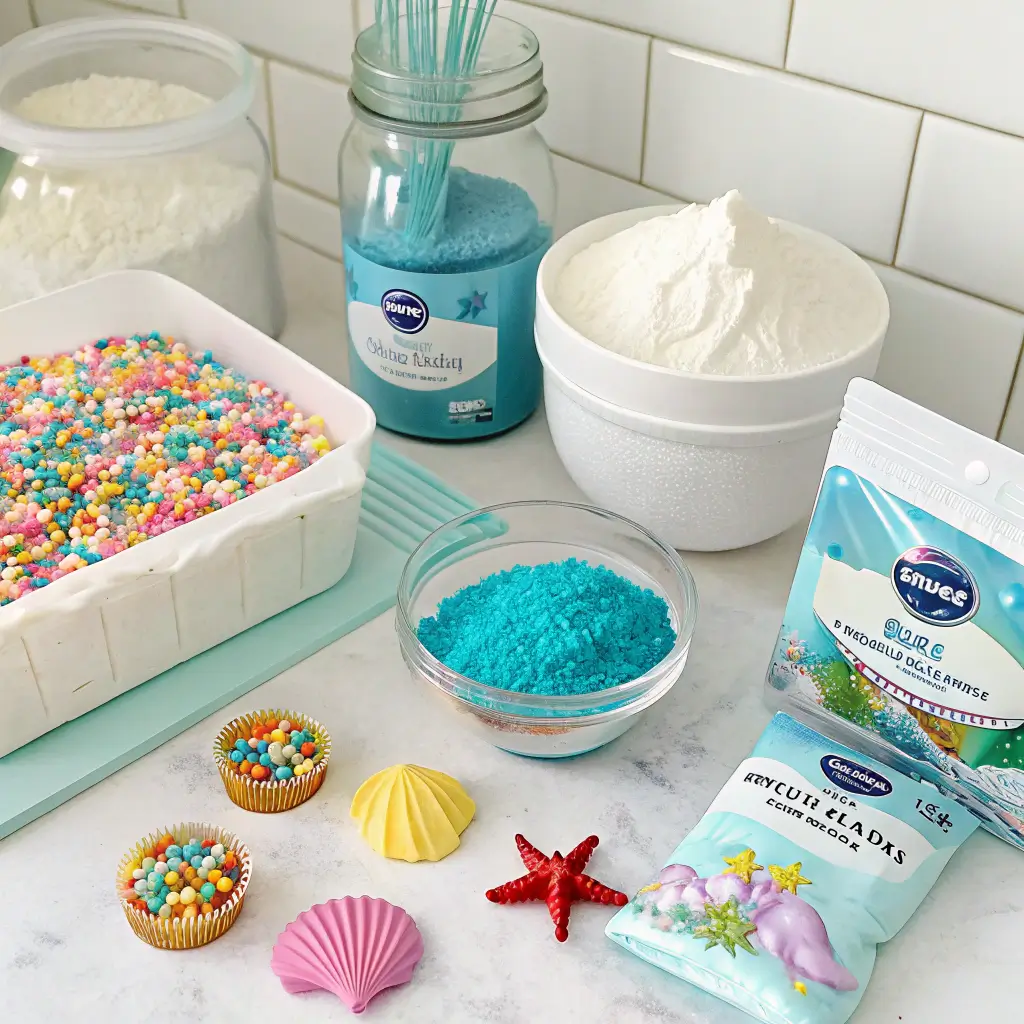 Ingredients for a Little Mermaid birthday cake, including flour, sugar, eggs, and food coloring.