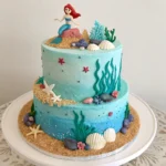 A stunning birthday cake themed around the Little Mermaid, decorated with ocean colors and mermaid figurines.