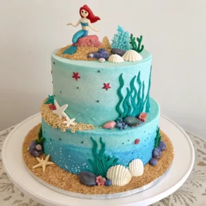 A stunning birthday cake themed around the Little Mermaid, decorated with ocean colors and mermaid figurines.