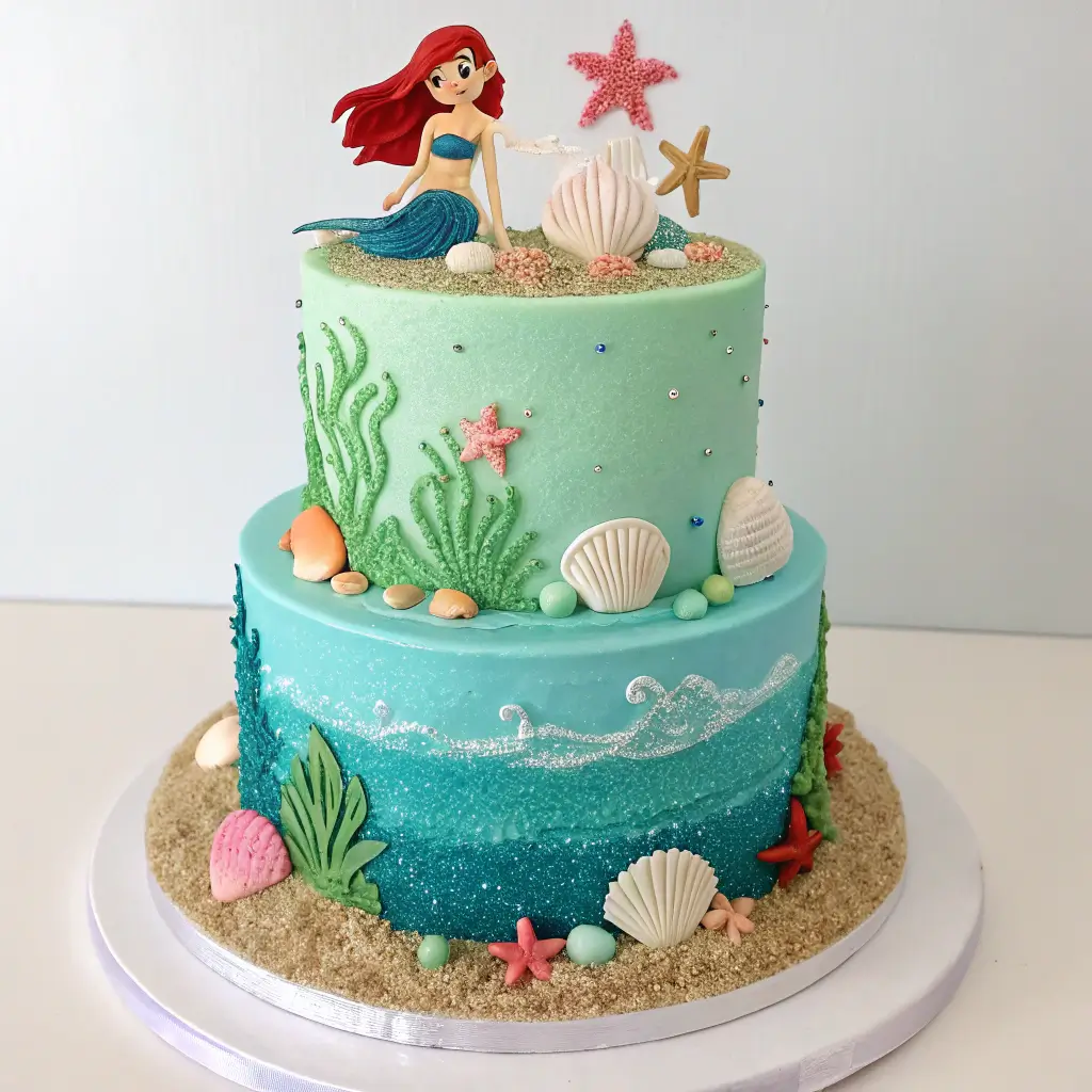 A festive birthday celebration with a Little Mermaid cake and colorful decorations.