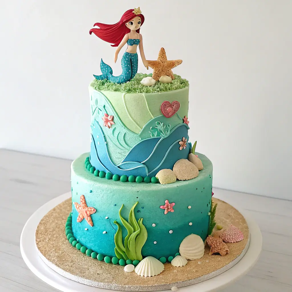 A beautifully decorated Birthday Little Mermaid Cake with vibrant blue and green layers, adorned with seashells and a mermaid figurine.