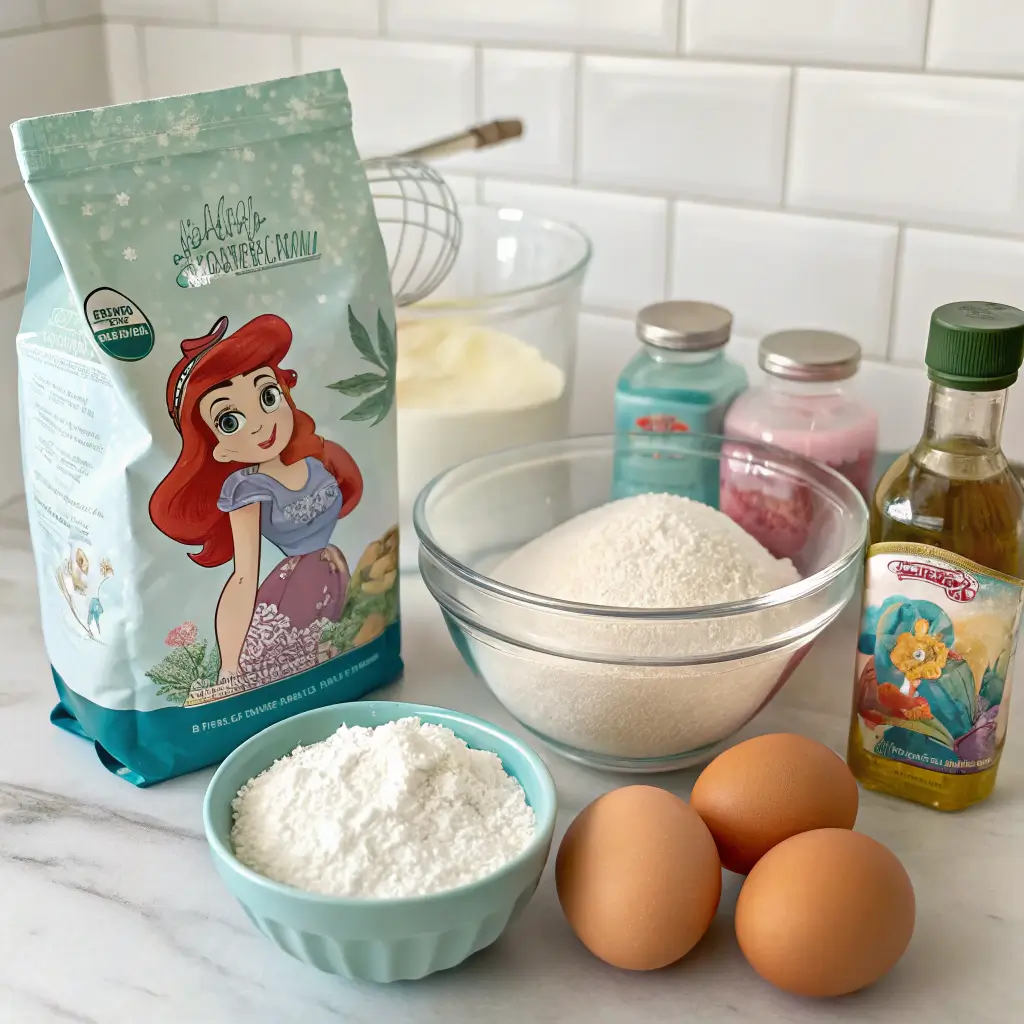 Ingredients for Birthday Little Mermaid Cake including flour, sugar, eggs, and food coloring.
