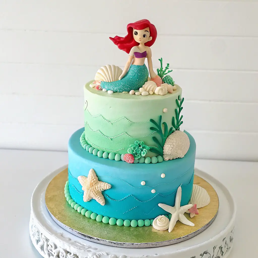 Fun serving suggestions for Birthday Little Mermaid Cake with colorful plates and themed drinks.