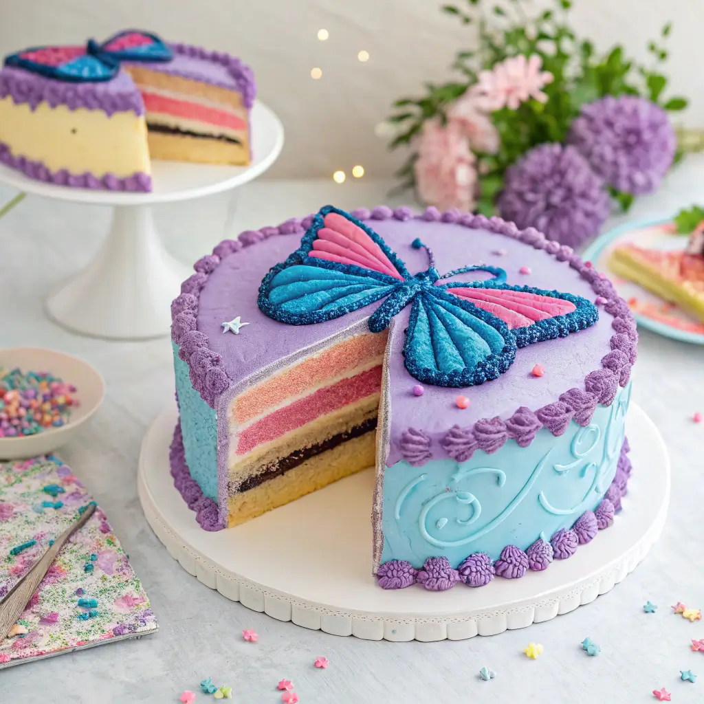A beautifully decorated butterfly cake with colorful layers and frosting.