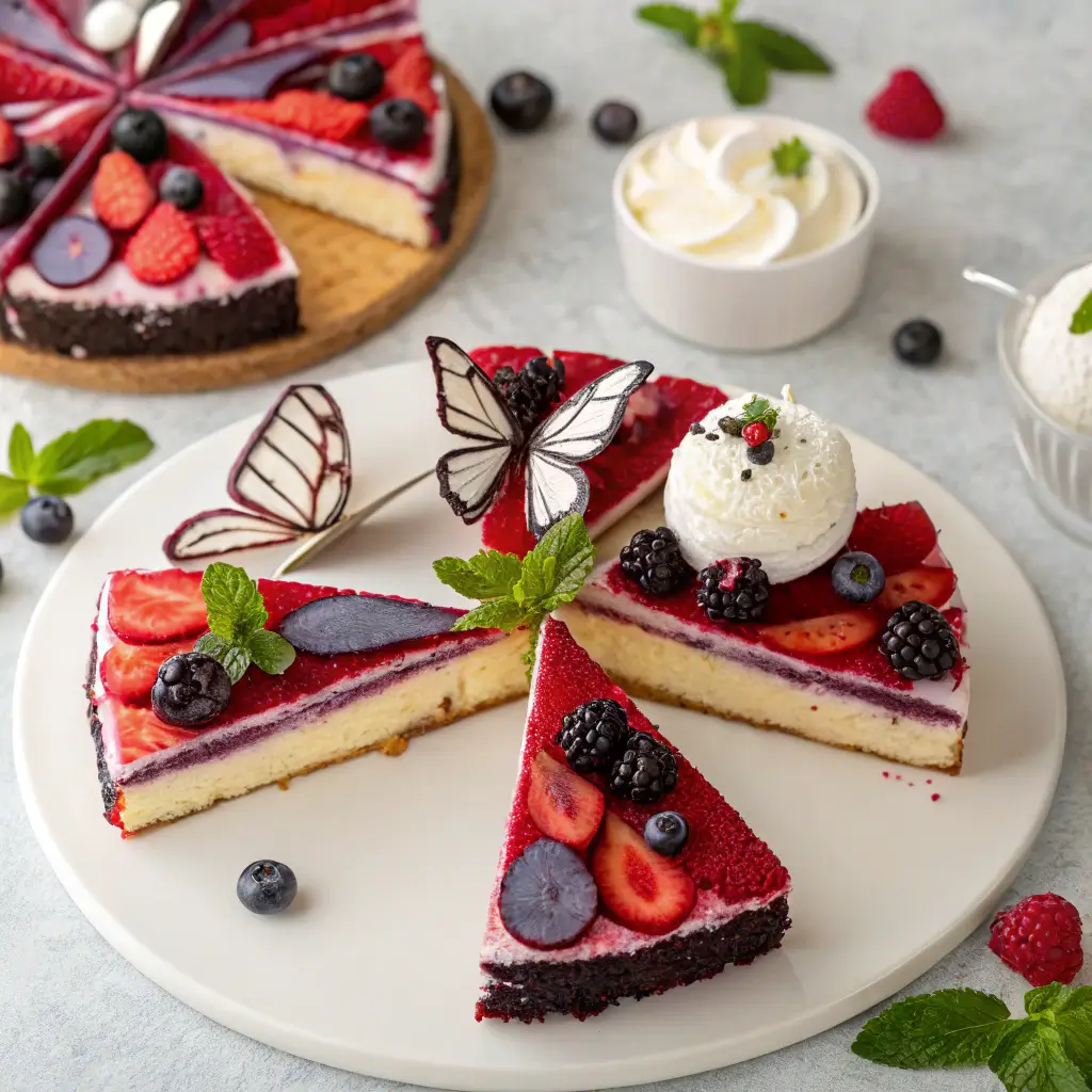 Serving suggestions for butterfly cake with berries and ice cream.