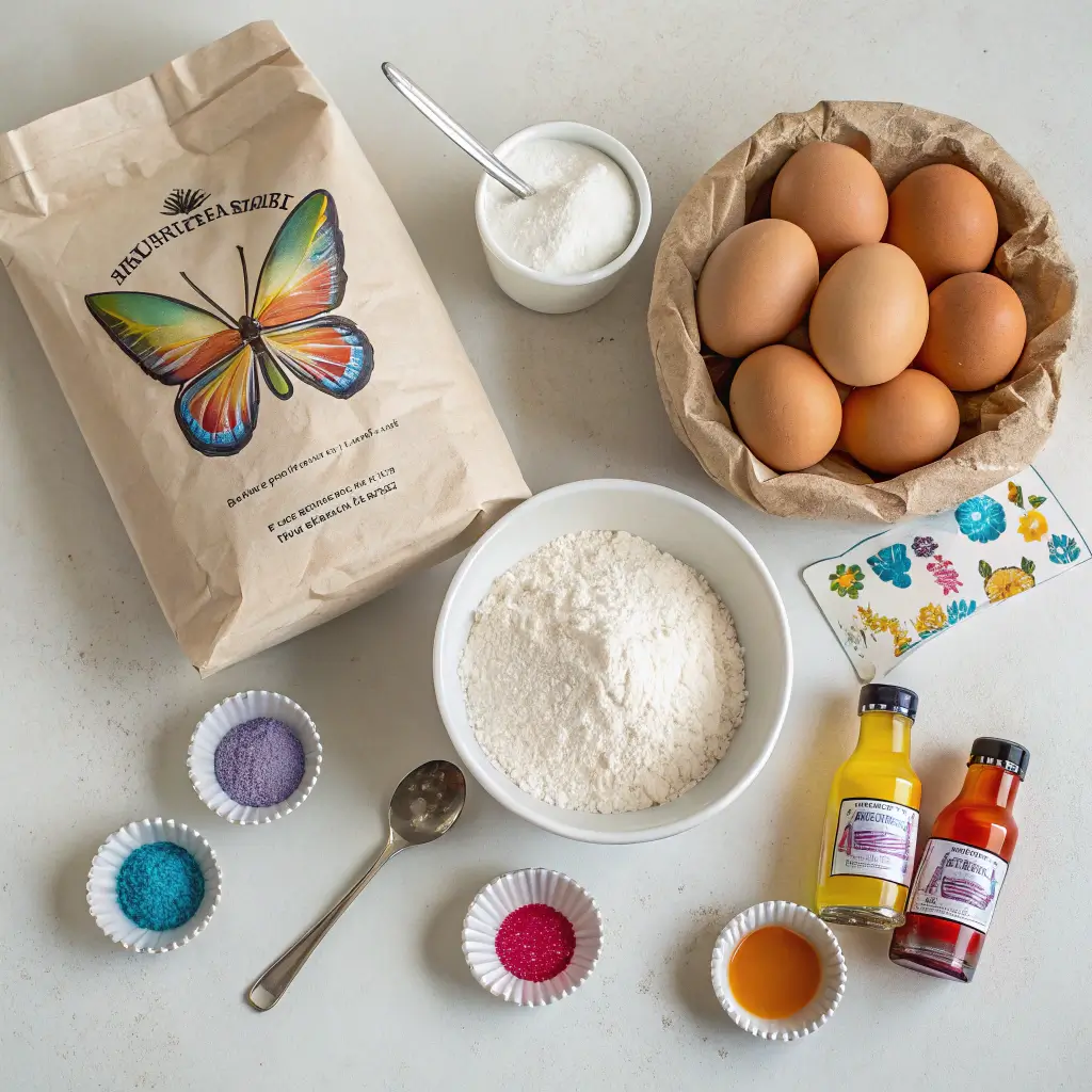 Ingredients for butterfly cake including flour, sugar, eggs, and food coloring.