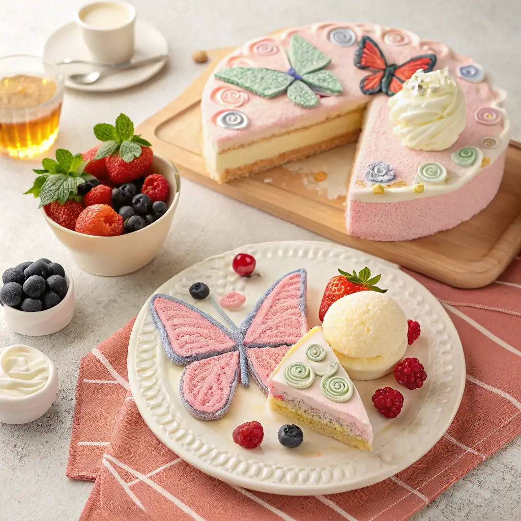 A vibrant cake butterfly with colorful decorations.