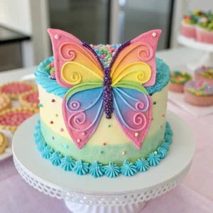 Cake butterfly served with whipped cream and berries.
