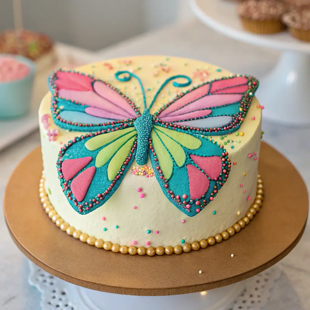 A beautifully decorated cake butterfly with colorful frosting and sprinkles.
