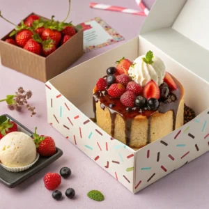 A beautifully decorated cake in a box, ready to be served.