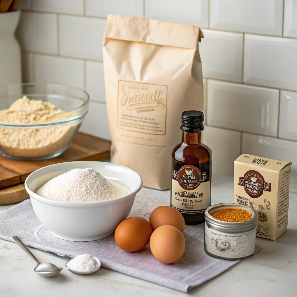 Ingredients for making a cake in a box, including flour, sugar, and eggs.
