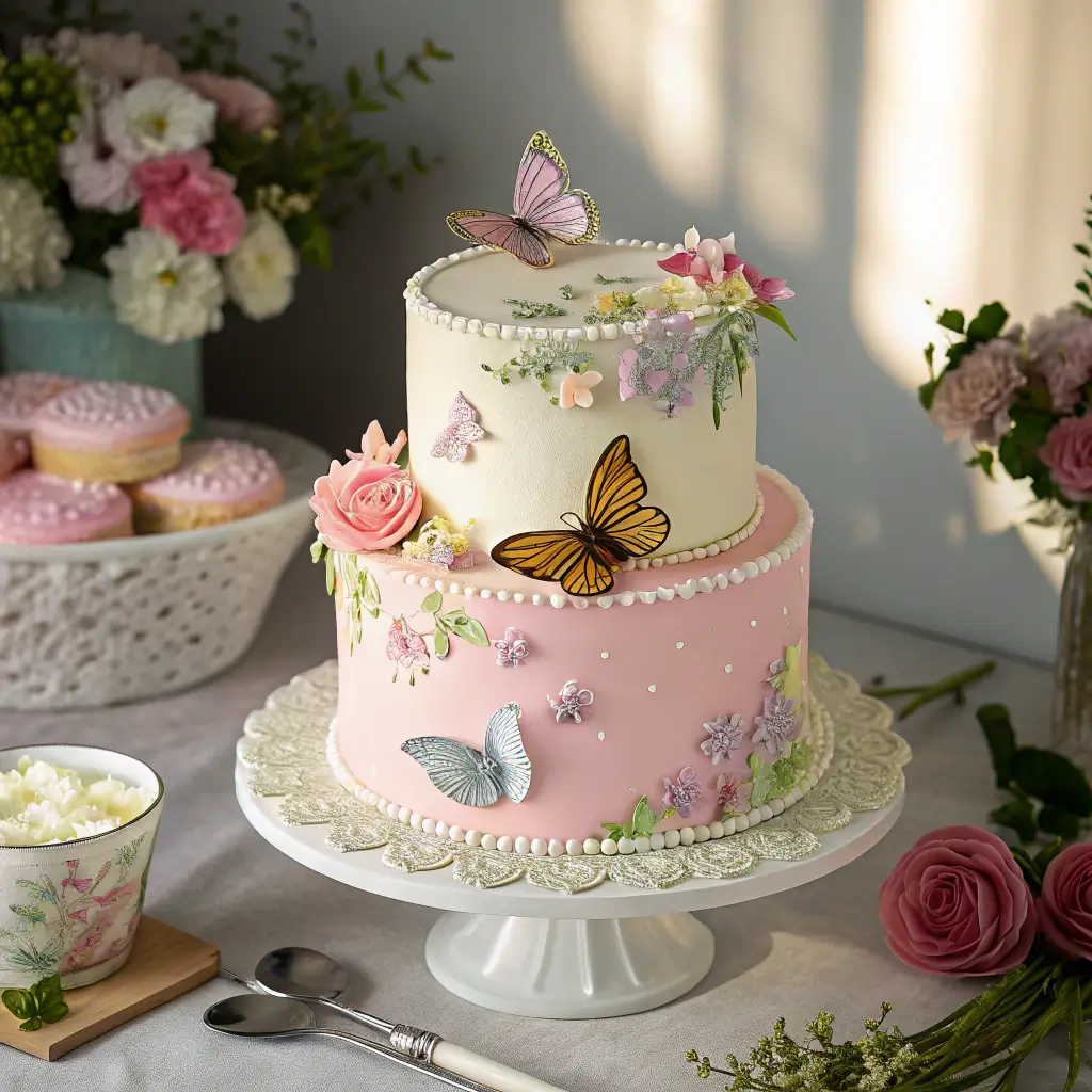 Delightful ways to serve a cake with butterflies, featuring various accompaniments.