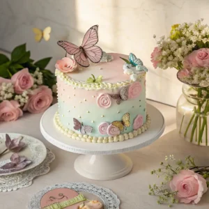 A beautifully decorated cake with butterflies, showcasing vibrant colors and intricate designs.