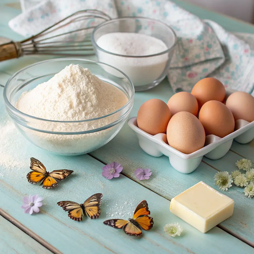 Ingredients for making a cake with butterflies, including flour, sugar, and edible decorations.