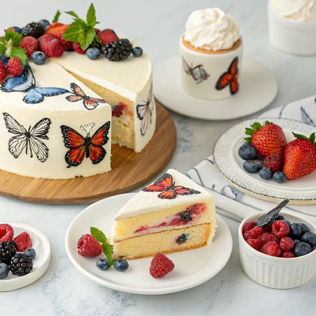 Delicious serving suggestions for a cake with butterfly decorations, including fresh berries and ice cream.
