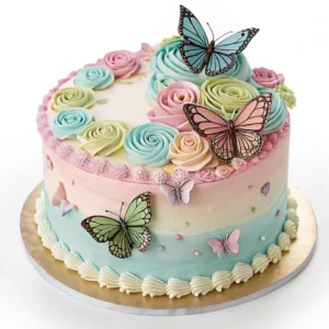 A beautifully decorated cake with colorful butterfly designs on top, perfect for celebrations.