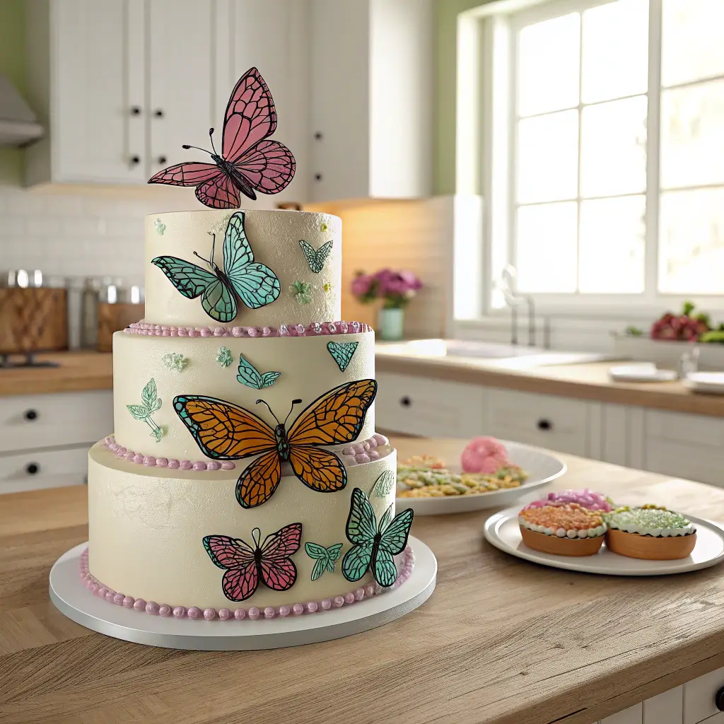 A stunning cake with colorful butterfly decorations on top, set against a bright kitchen background.