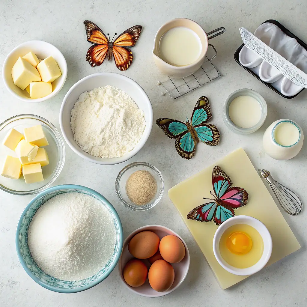 Ingredients for a cake with butterfly decorations, including flour, sugar, eggs, and food coloring.